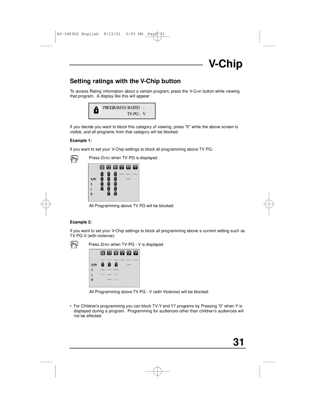 JVC AV-36P902 manual Setting ratings with the V-Chip button, Program is Rated TV-PG 