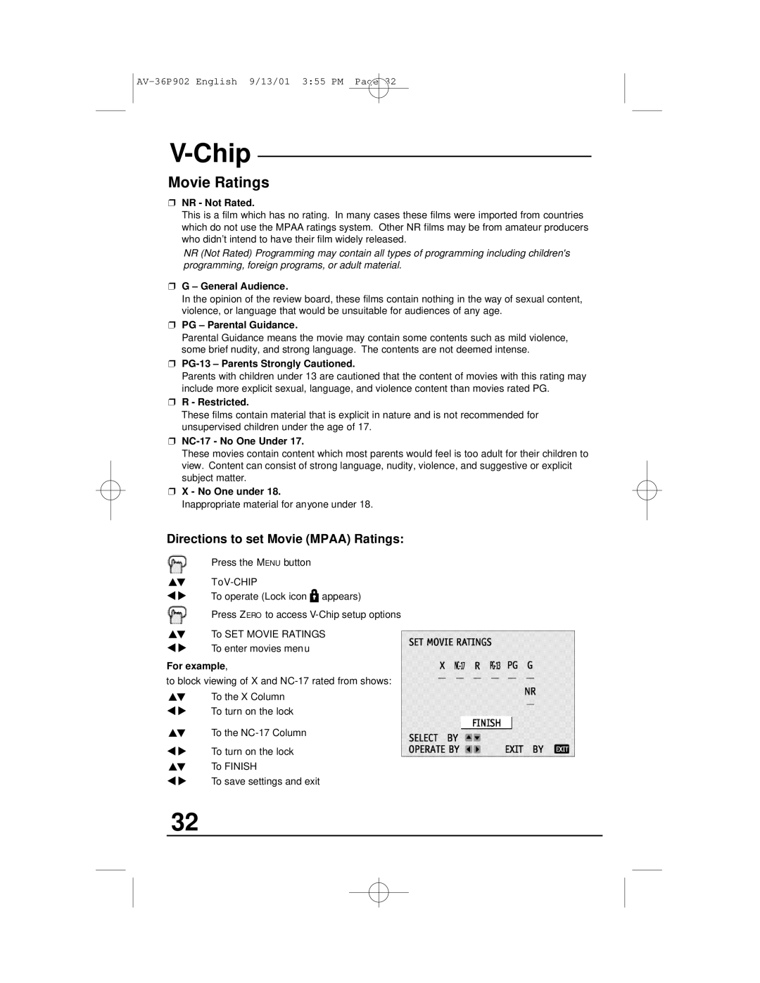 JVC AV-36P902 manual Movie Ratings, Directions to set Movie Mpaa Ratings 