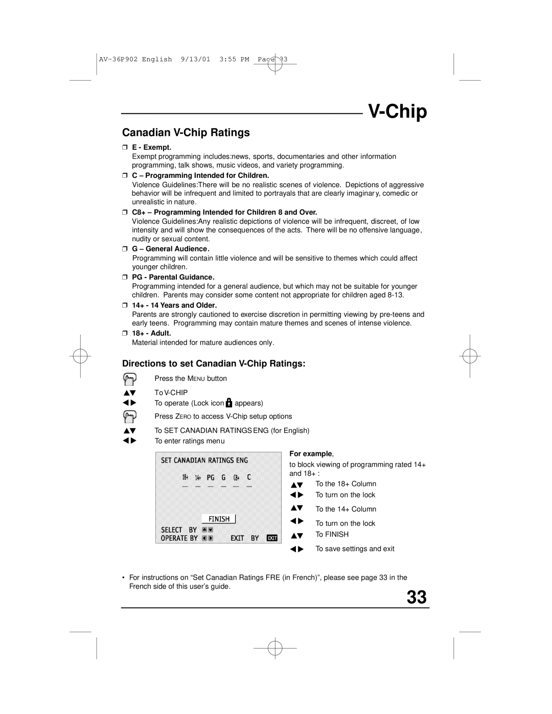 JVC AV-36P902 manual Directions to set Canadian V-Chip Ratings 