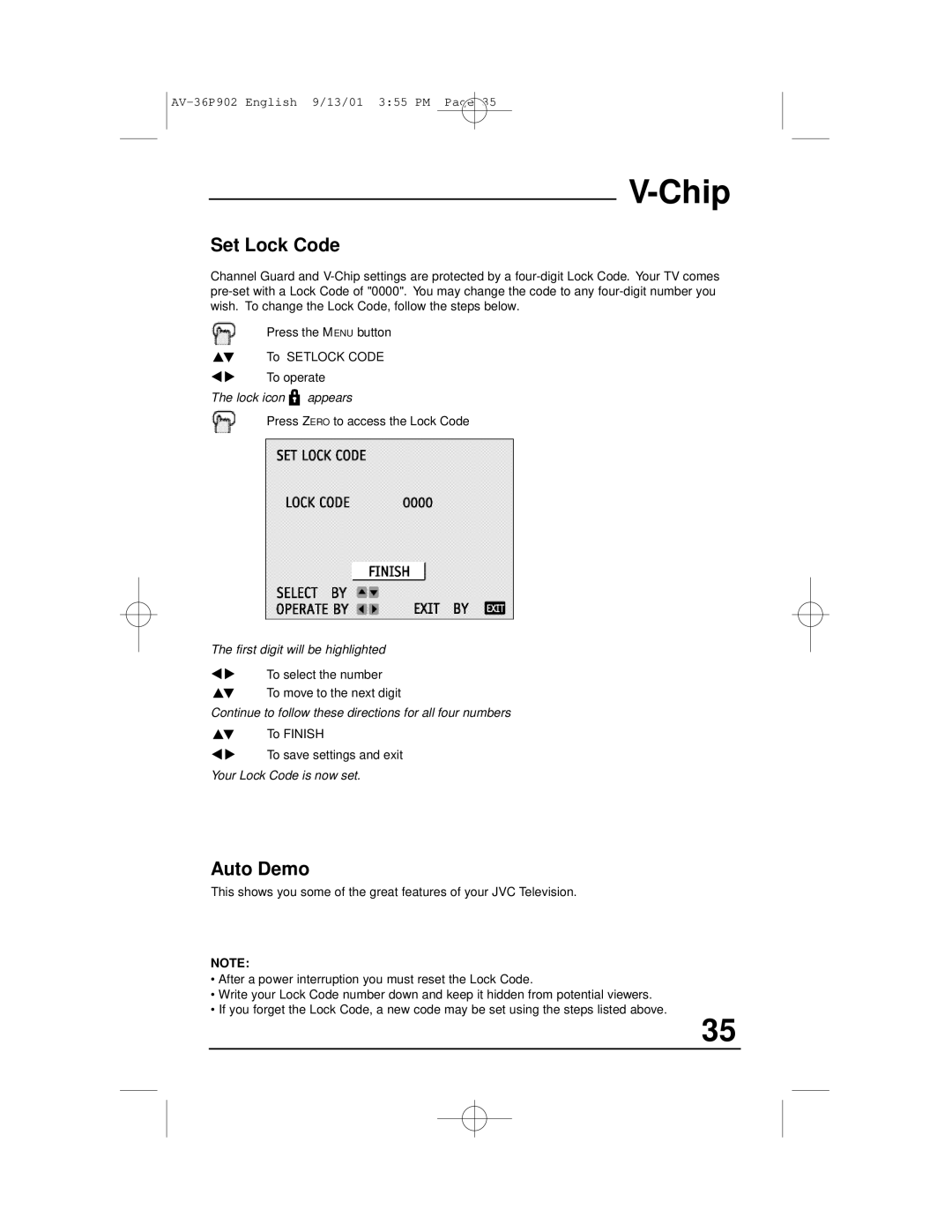 JVC AV-36P902 manual Set Lock Code, Auto Demo 