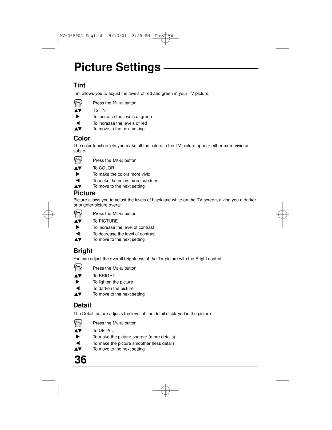 JVC AV-36P902 manual Picture Settings 