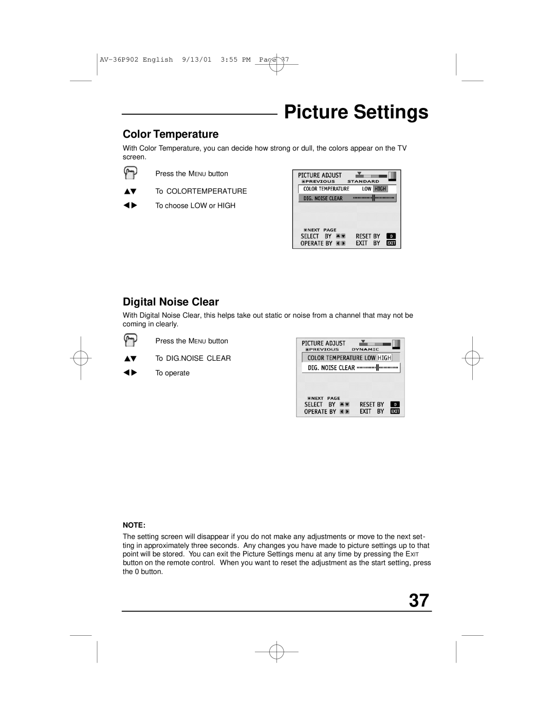 JVC AV-36P902 manual Color Temperature, Digital Noise Clear 