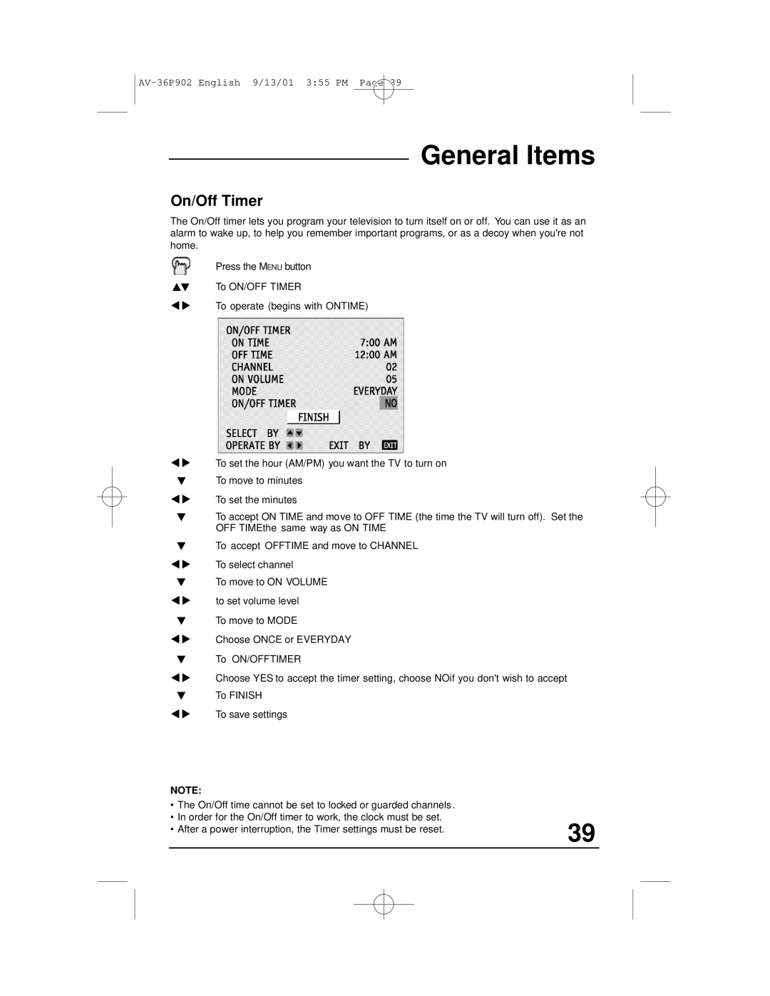 JVC AV-36P902 manual General Items, On/Off Timer 