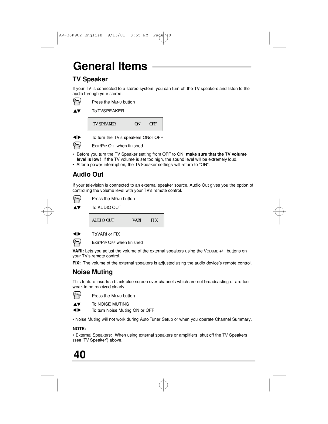 JVC AV-36P902 manual TV Speaker, Audio Out, Noise Muting 