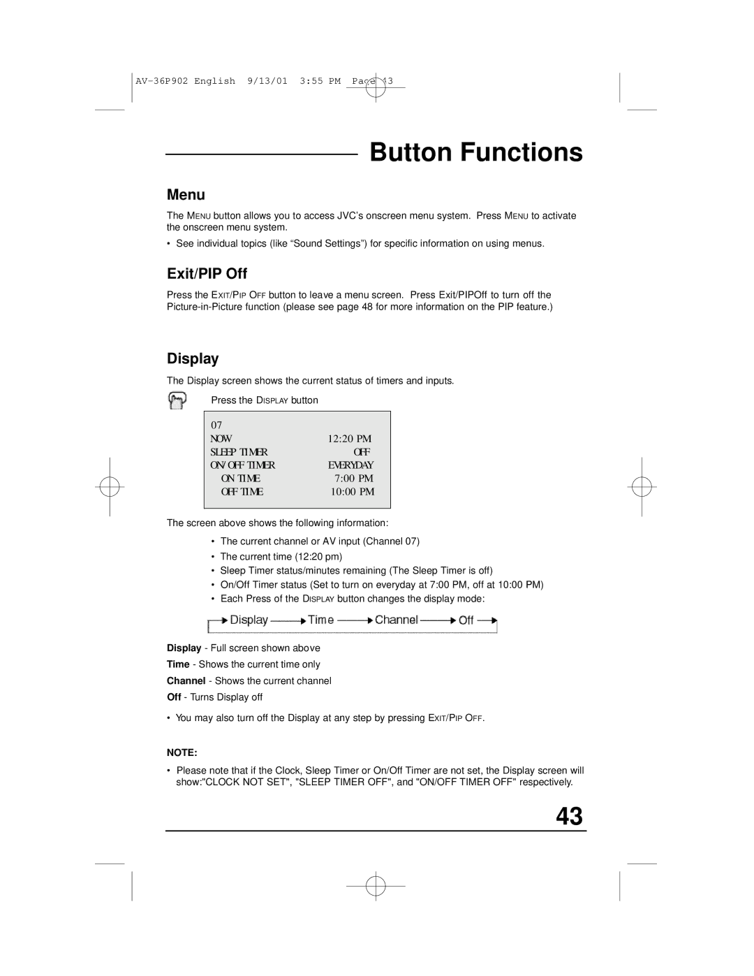 JVC AV-36P902 manual Button Functions, Menu, Exit/PIP Off, Display 