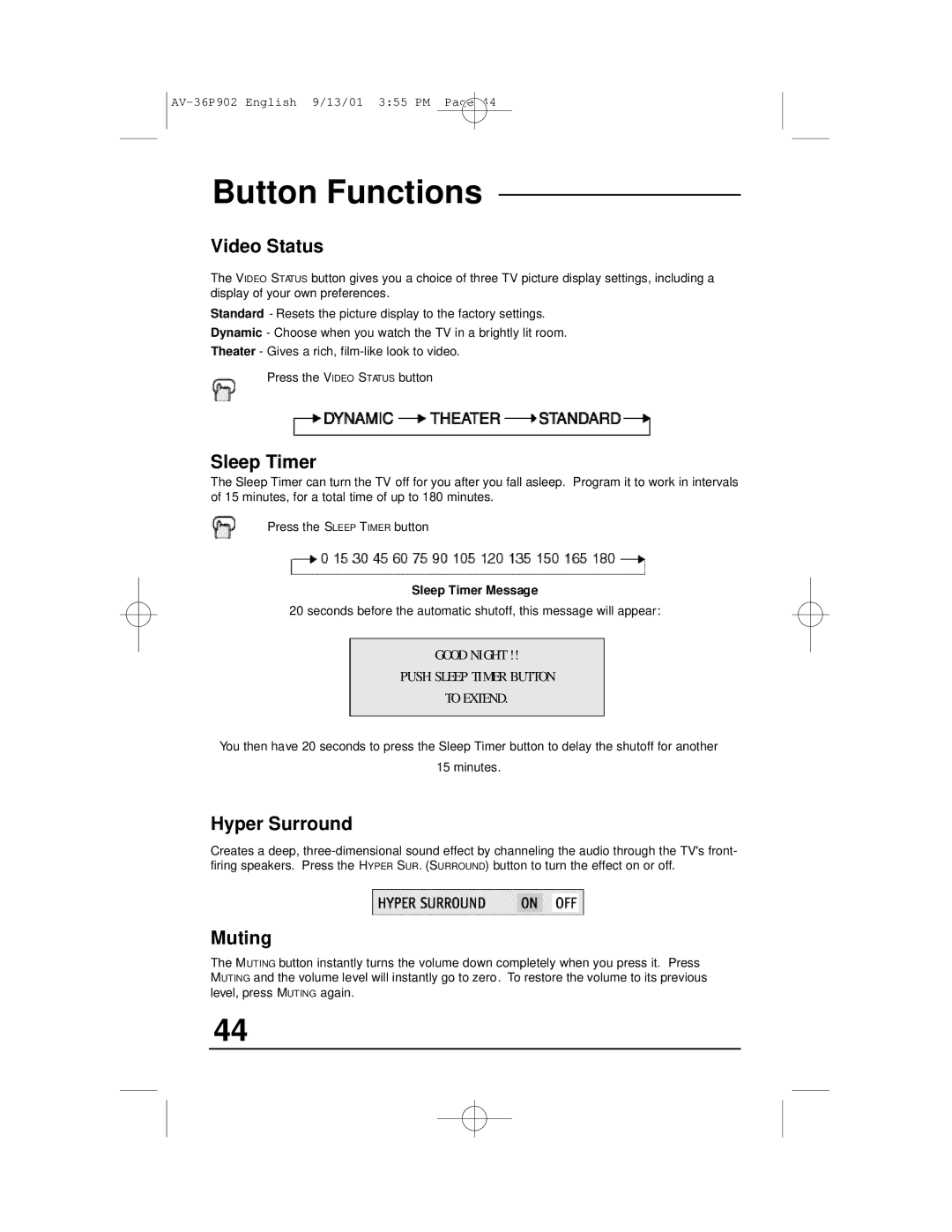 JVC AV-36P902 manual Video Status, Sleep Timer, Hyper Surround, Muting 