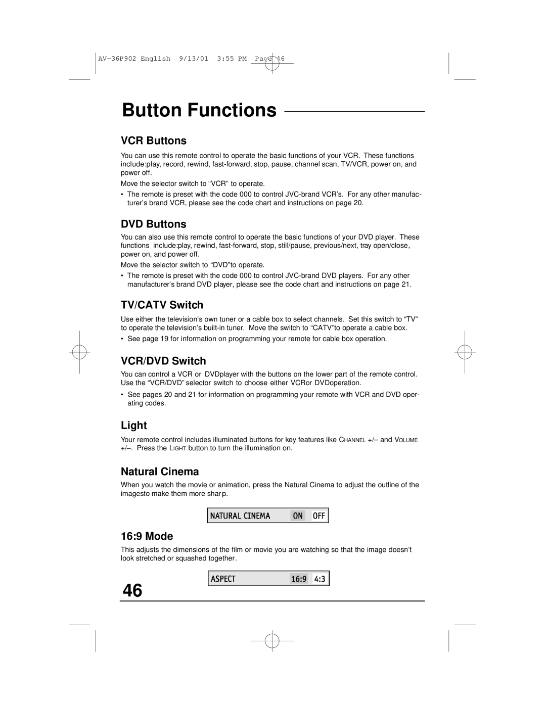 JVC AV-36P902 manual VCR Buttons, DVD Buttons, TV/CATV Switch, VCR/DVD Switch, Light, Natural Cinema, Mode 
