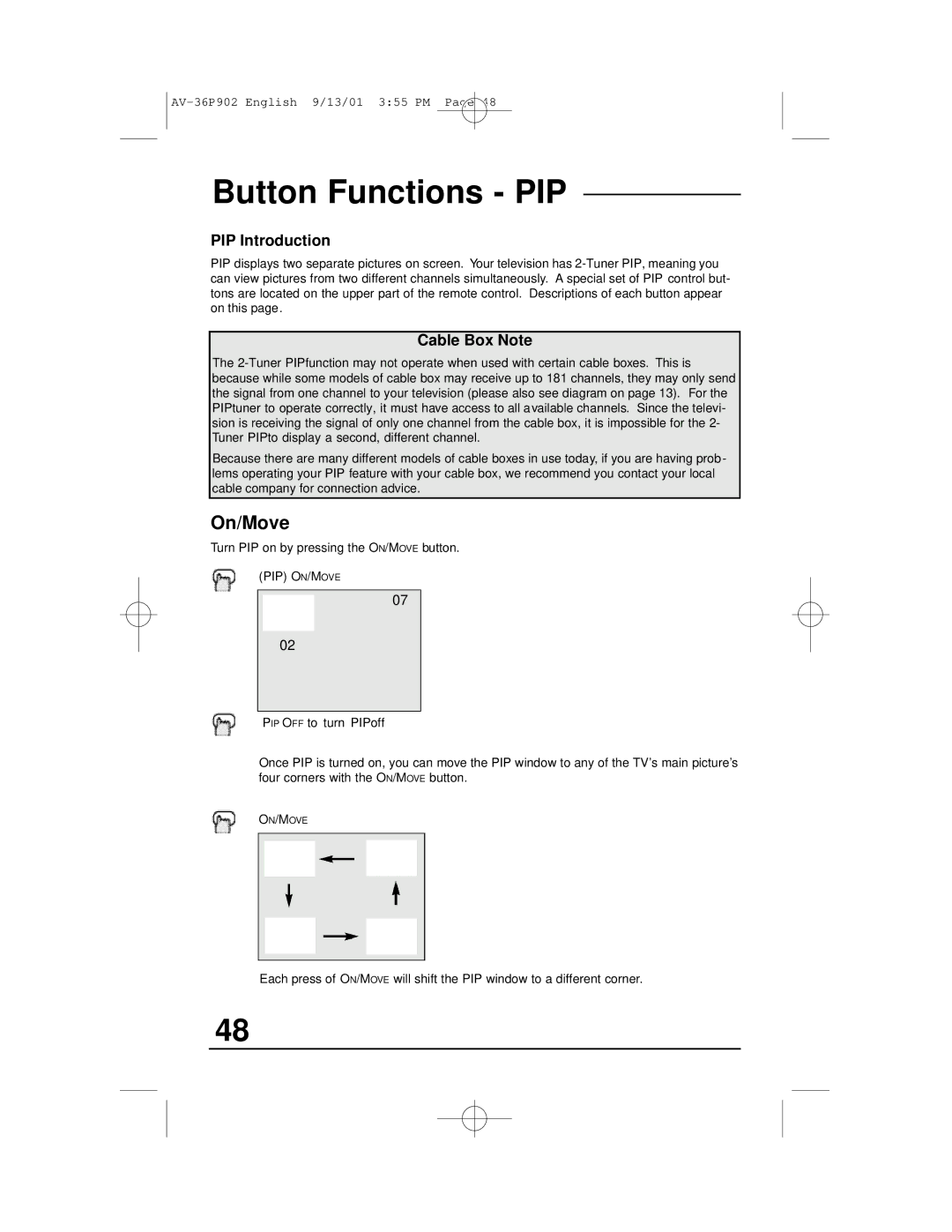 JVC AV-36P902 manual Button Functions PIP, On/Move, PIP Introduction, Cable Box Note 