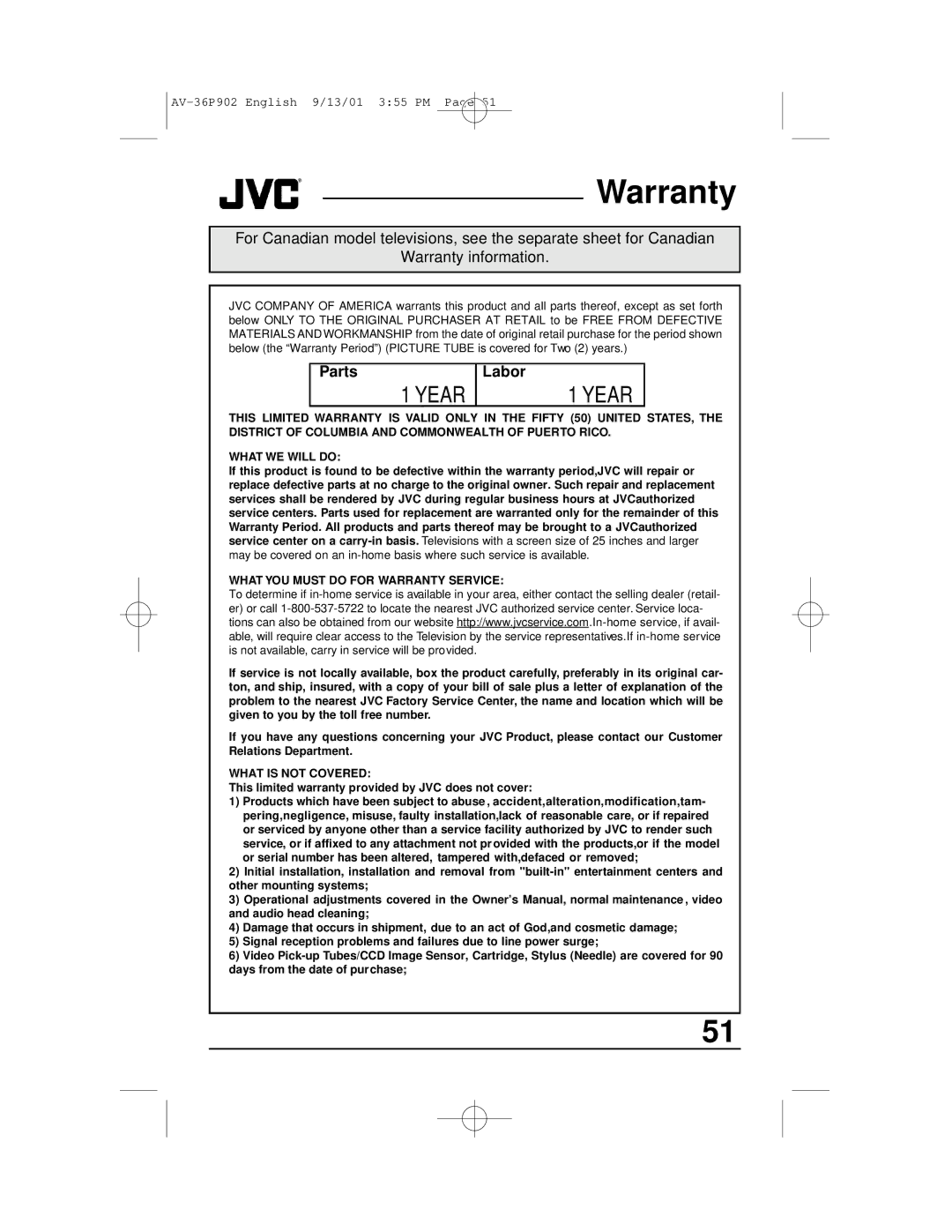 JVC AV-36P902 manual Warranty, Parts, Labor 