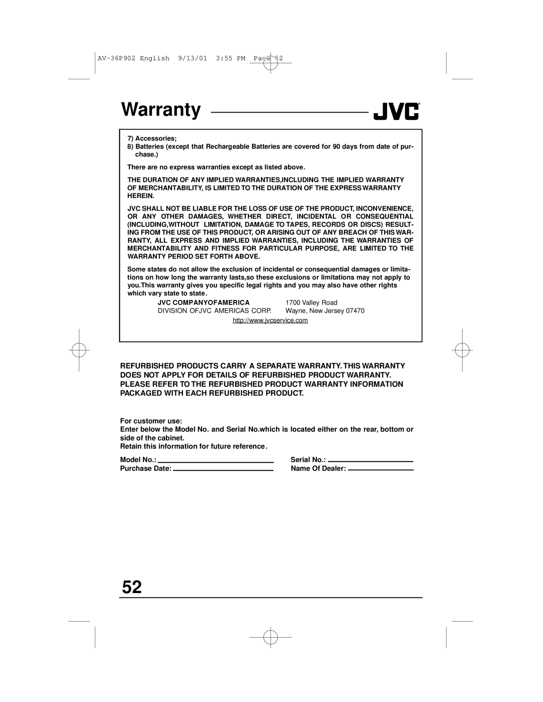 JVC AV-36P902 manual JVC Companyofamerica 