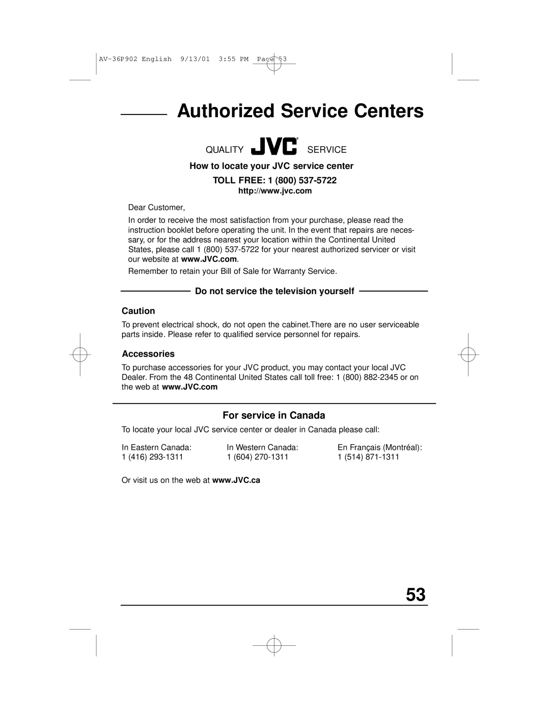 JVC AV-36P902 manual Authorized Service Centers, How to locate your JVC service center Toll Free 1 800, Accessories 