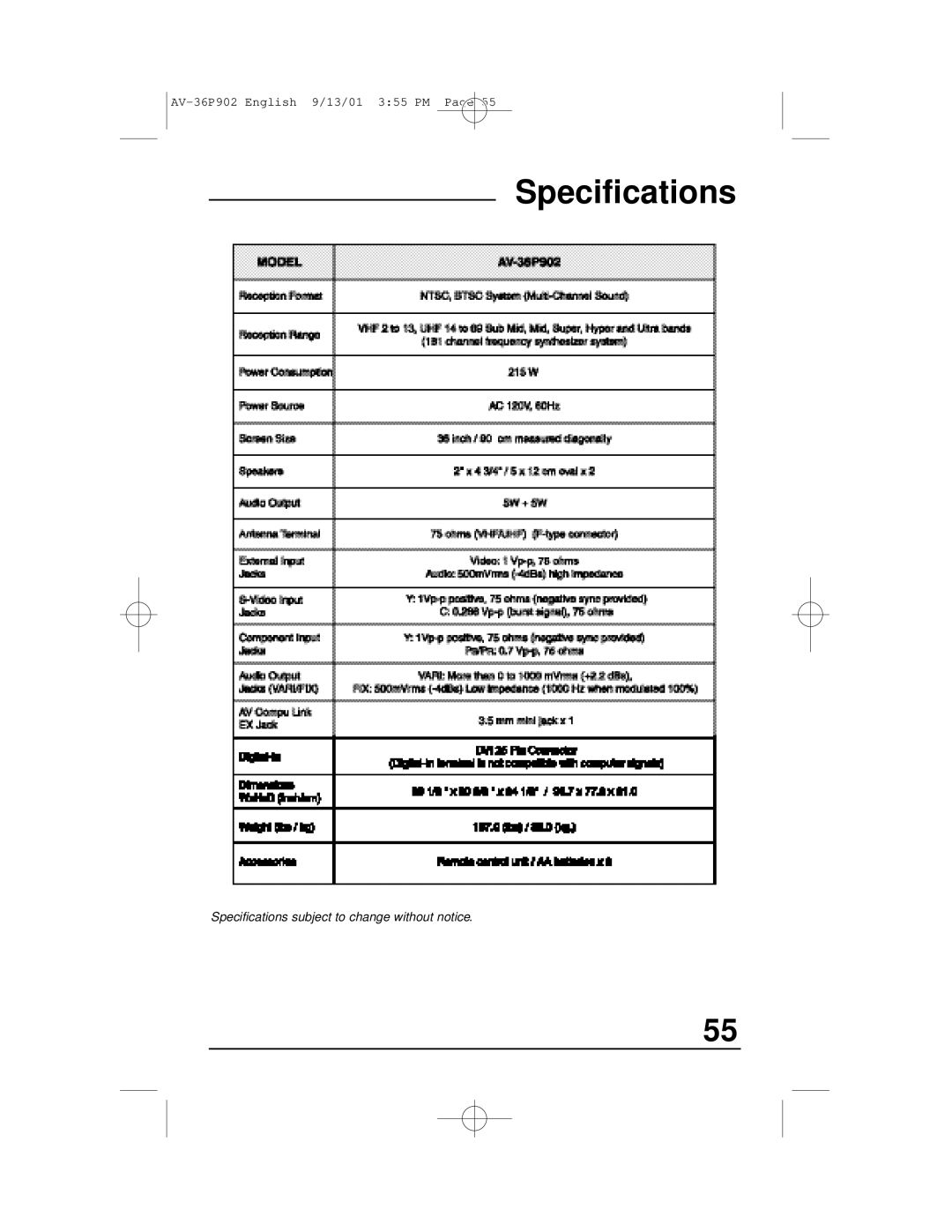 JVC AV-36P902 manual Specifications 