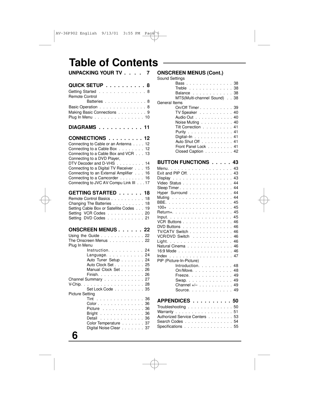 JVC AV-36P902 manual Table of Contents 