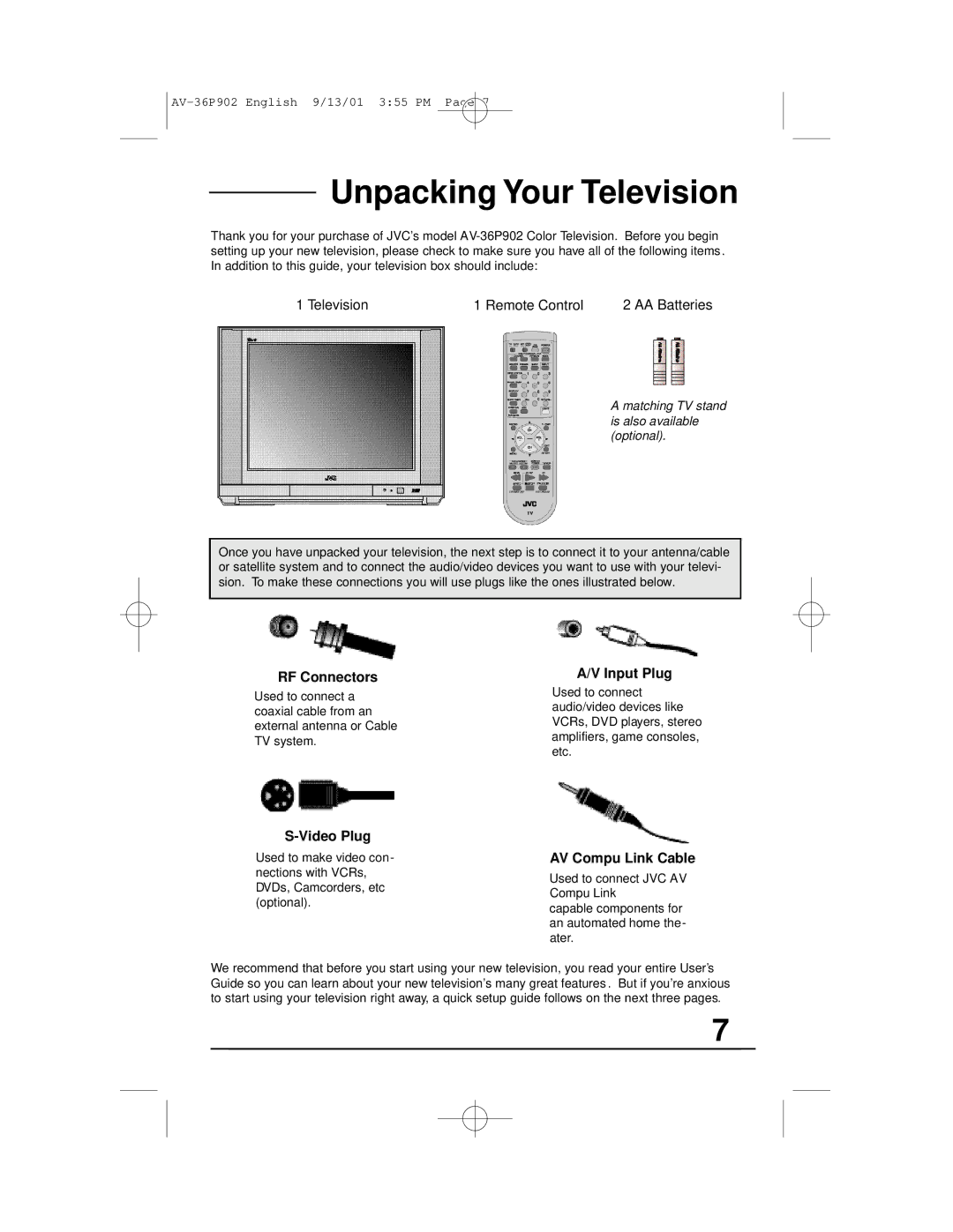 JVC AV-36P902 manual Unpacking Your Television, Television Remote Control AA Batteries 