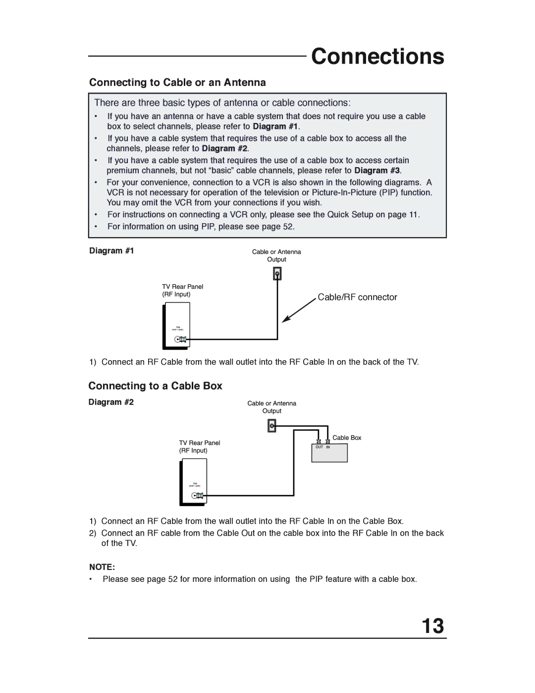 JVC AV 36P903 manual Connections, Connecting to Cable or an Antenna, Connecting to a Cable Box, Diagram #1, Diagram #2 