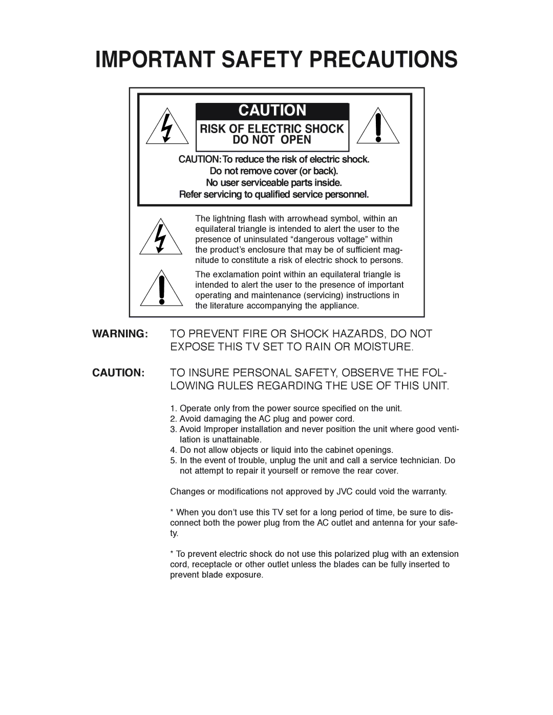 JVC AV 36P903 manual Important Safety Precautions 