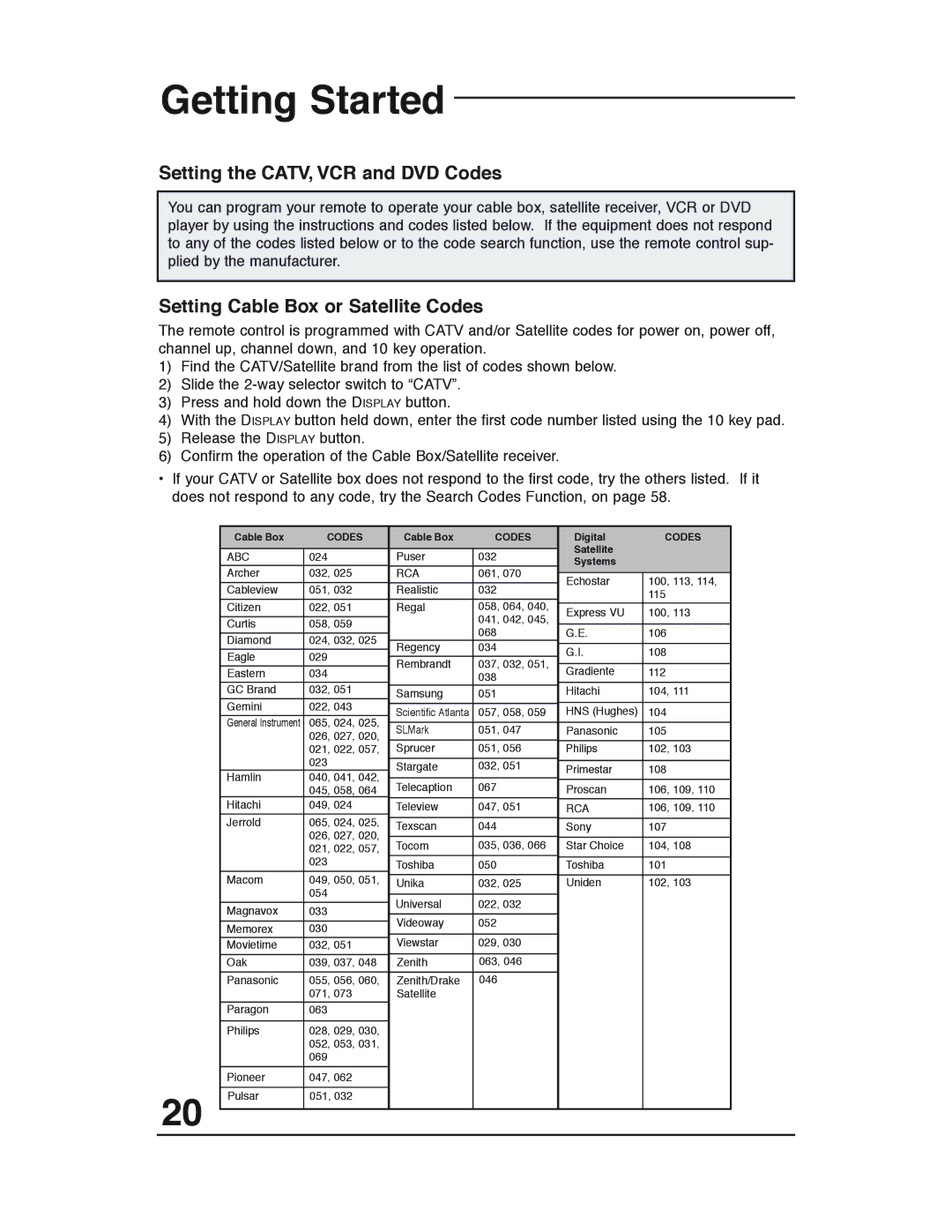 JVC AV 36P903 manual Setting the CATV, VCR and DVD Codes, Setting Cable Box or Satellite Codes 