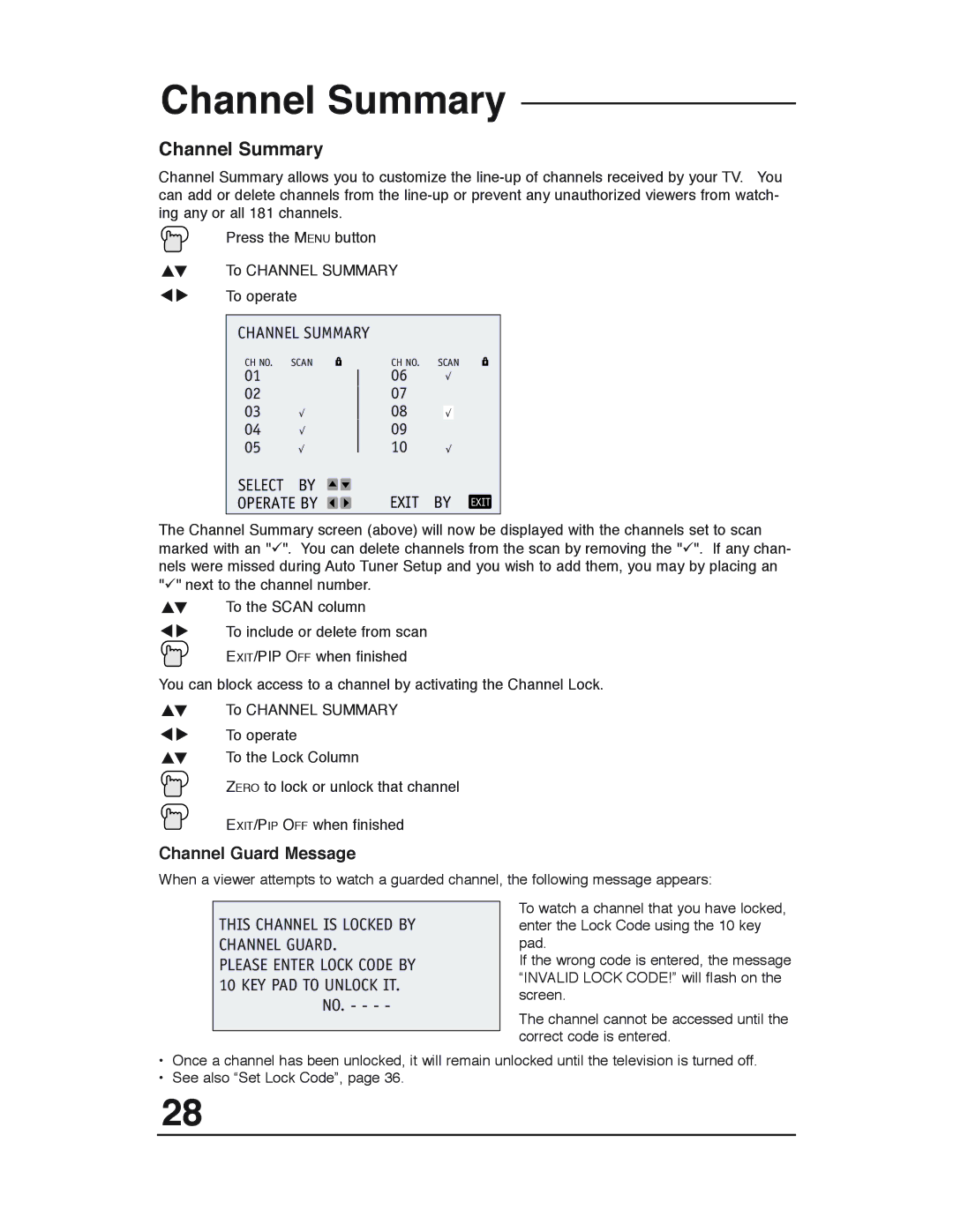 JVC AV 36P903 manual Channel Summary, Exit, This Channel is Locked by Channel Guard 