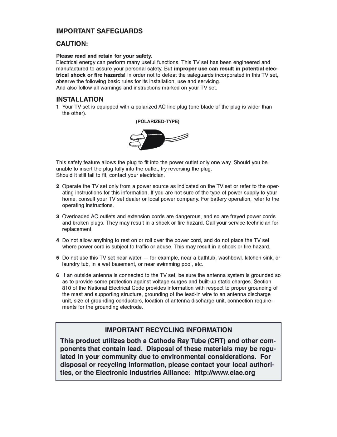 JVC AV 36P903 Important Safeguards, Installation, Important Recycling Information, Please read and retain for your safety 