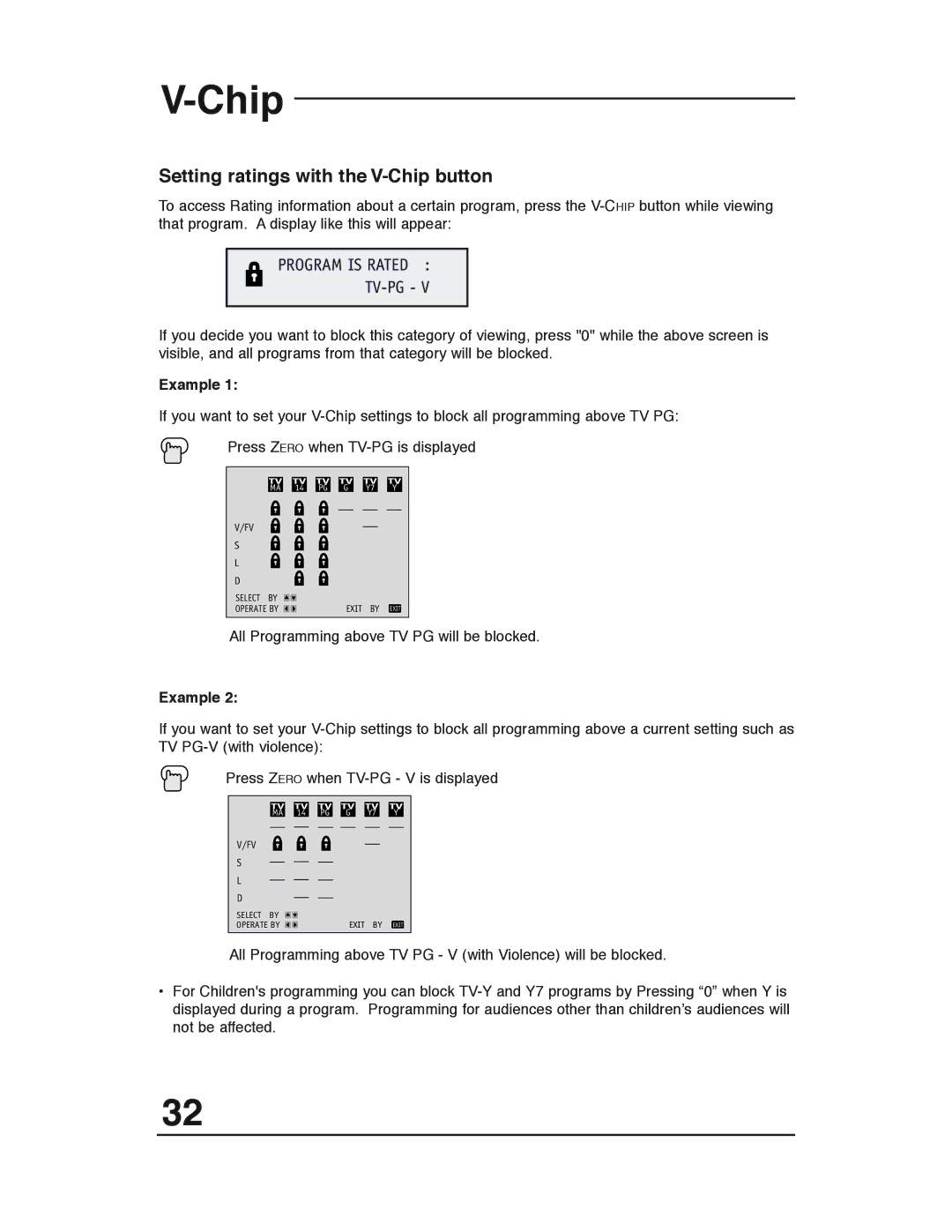 JVC AV 36P903 manual Setting ratings with the V-Chip button, Program is Rated TV-PG, Example 