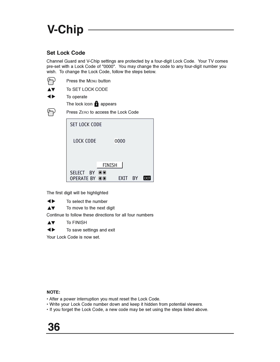 JVC AV 36P903 manual Set Lock Code, Select by Exit by Exit Operate by 