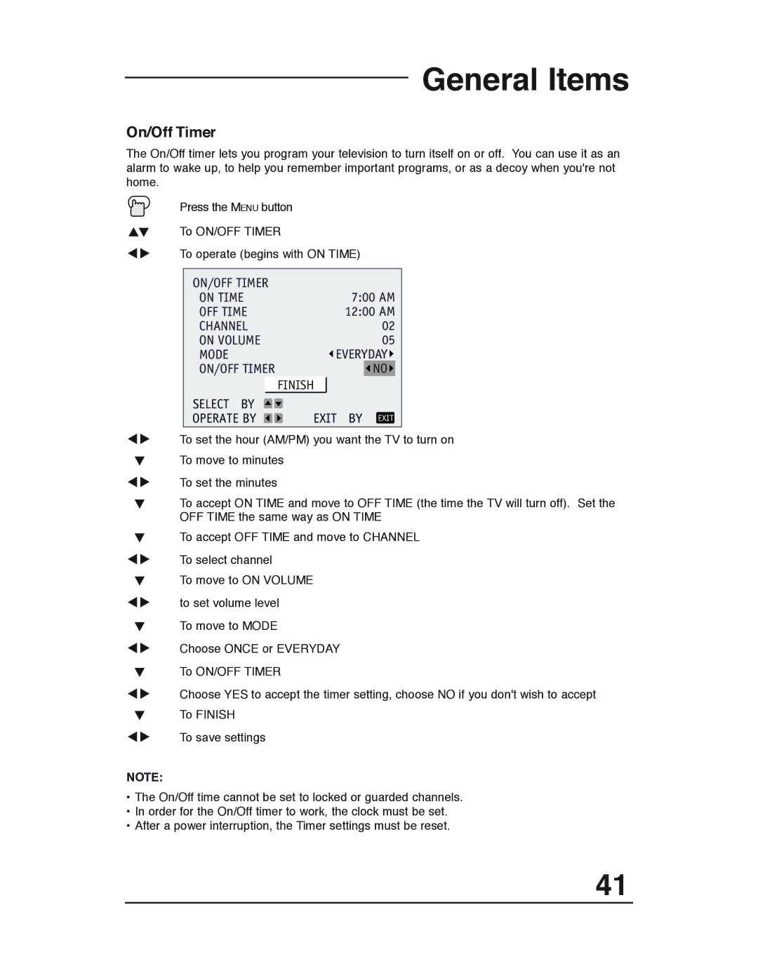 JVC AV 36P903 manual General Items, On/Off Timer, On Time OFF Time, Channel On Volume Mode 