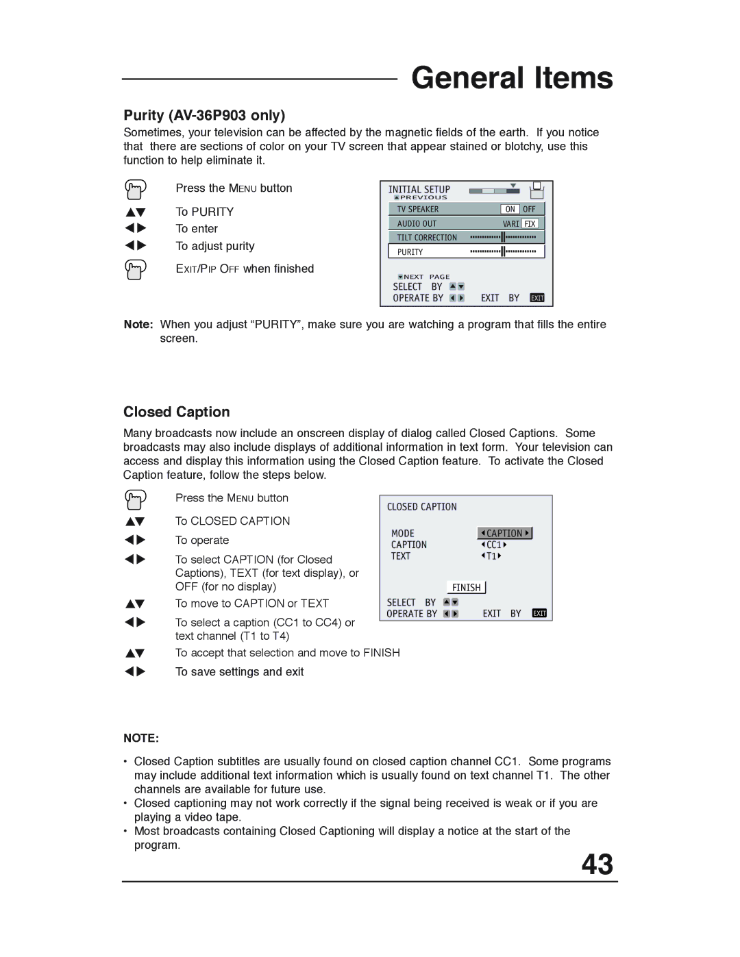 JVC AV 36P903 manual Purity AV-36P903 only, Closed Caption 