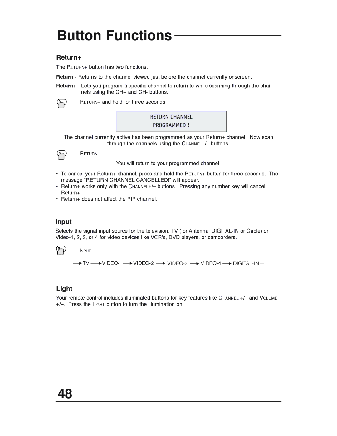 JVC AV 36P903 manual Return+, Input, Light, Return Channel Programmed 