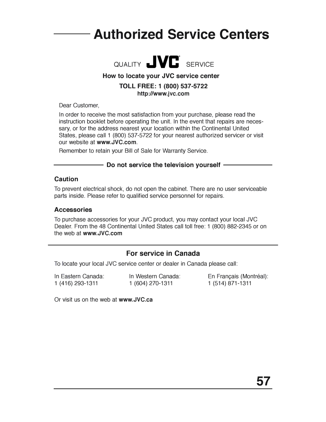 JVC AV 36P903 manual Authorized Service Centers, How to locate your JVC service center Toll Free 1 800, Accessories 