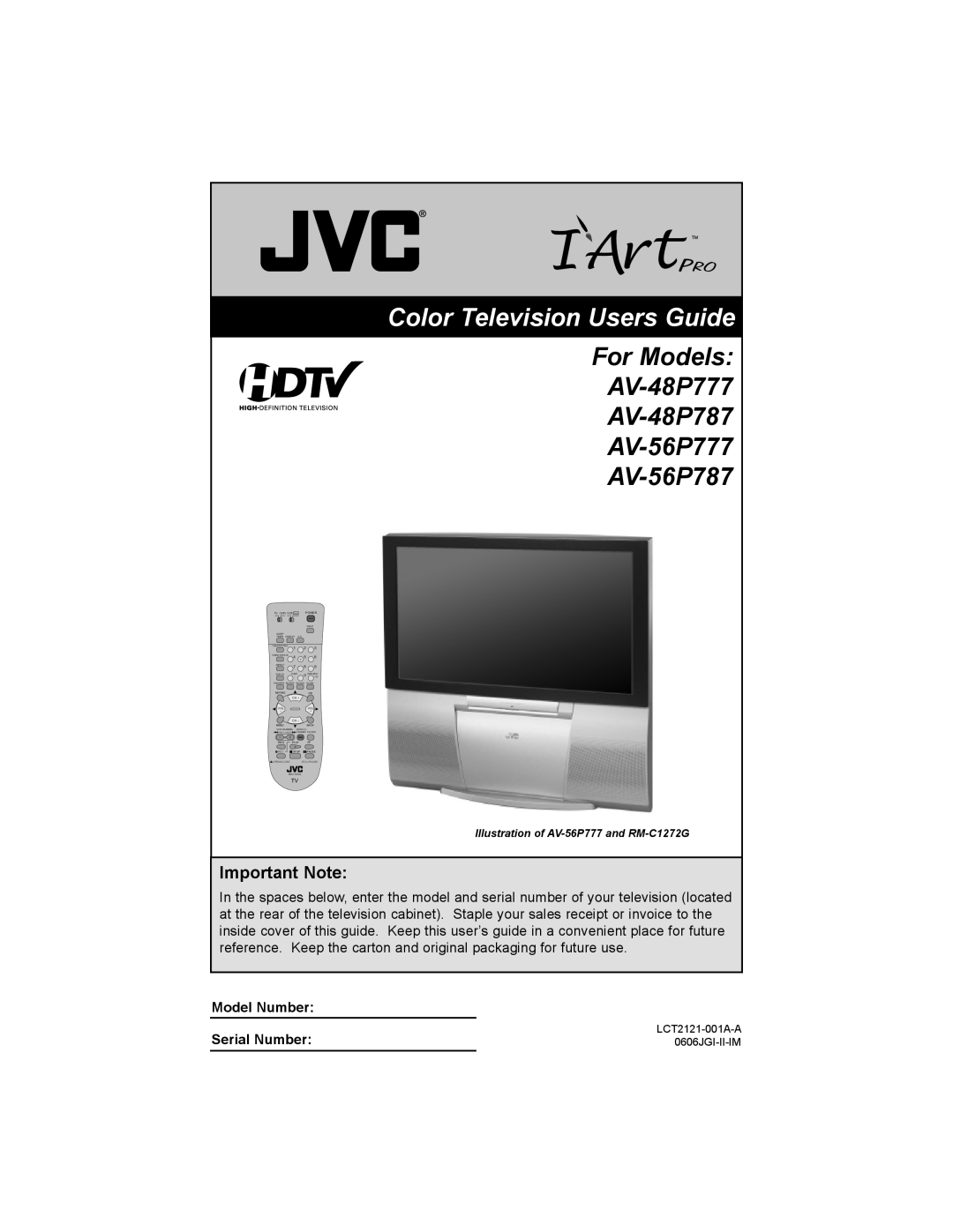 JVC AV-56P787, AV 48P777 manual Important Note, Color Television Users Guide, For Models AV-48P777 AV-48P787 AV-56P777 