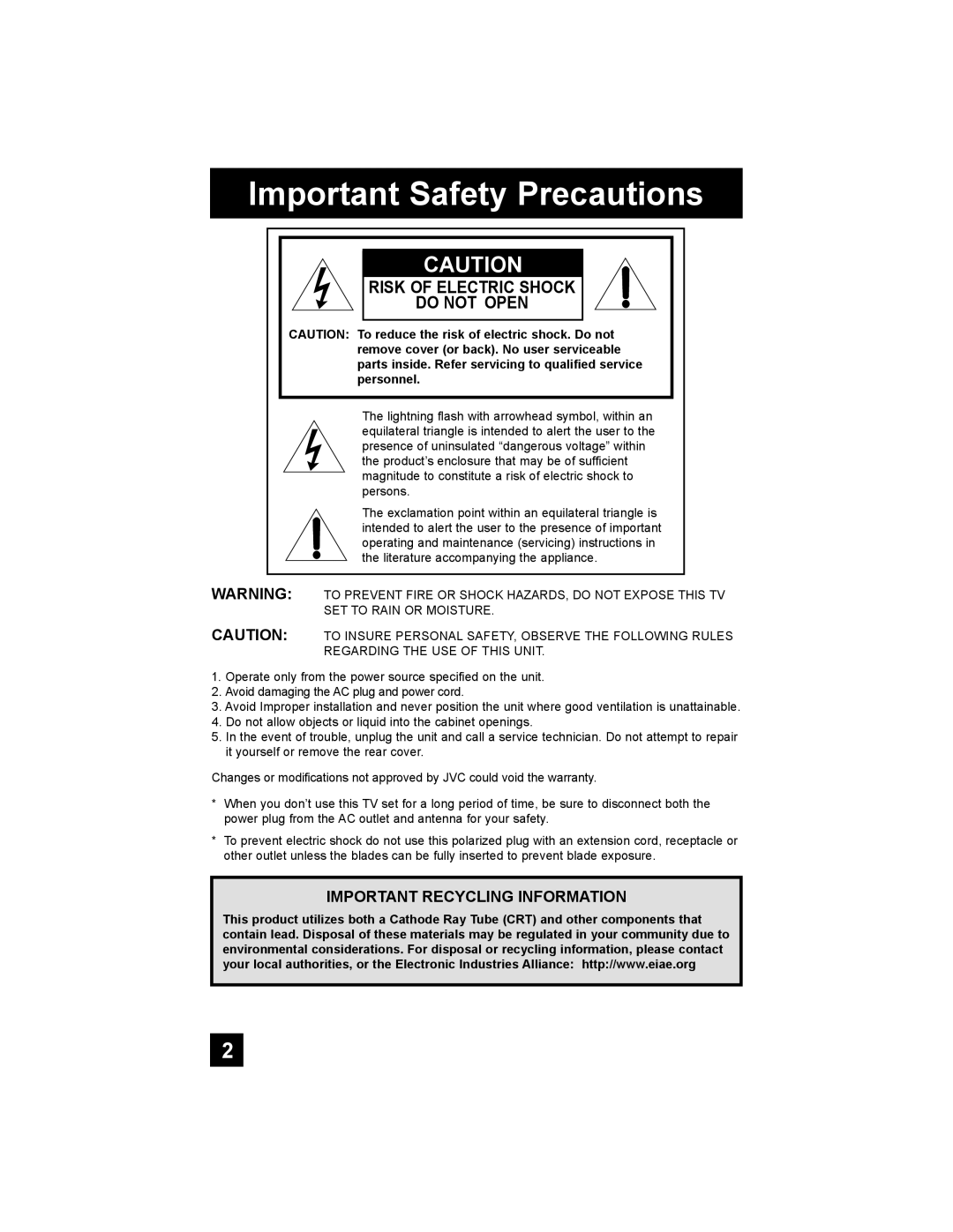 JVC AV 48P777, AV-48P787, AV-56P787, AV 56P777 manual Important Safety Precautions, Risk Of Electric Shock Do Not Open 