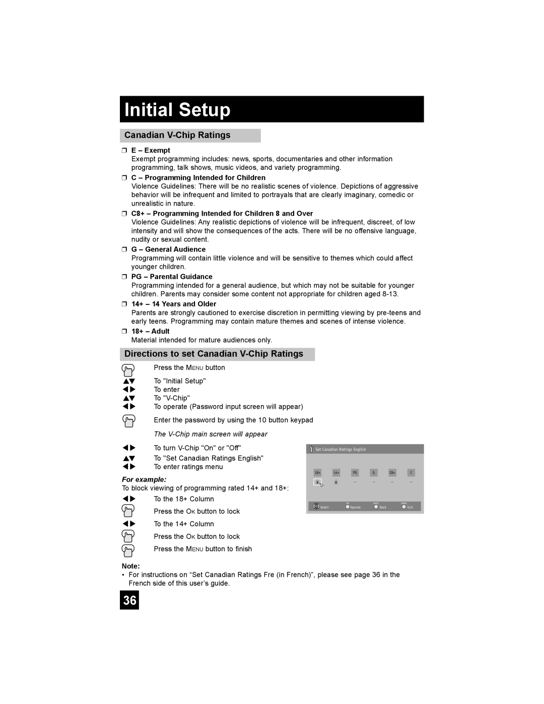 JVC AV-48P787 manual Initial Setup, E - Exempt, C - Programming Intended for Children, G – General Audience, 18+ – Adult 
