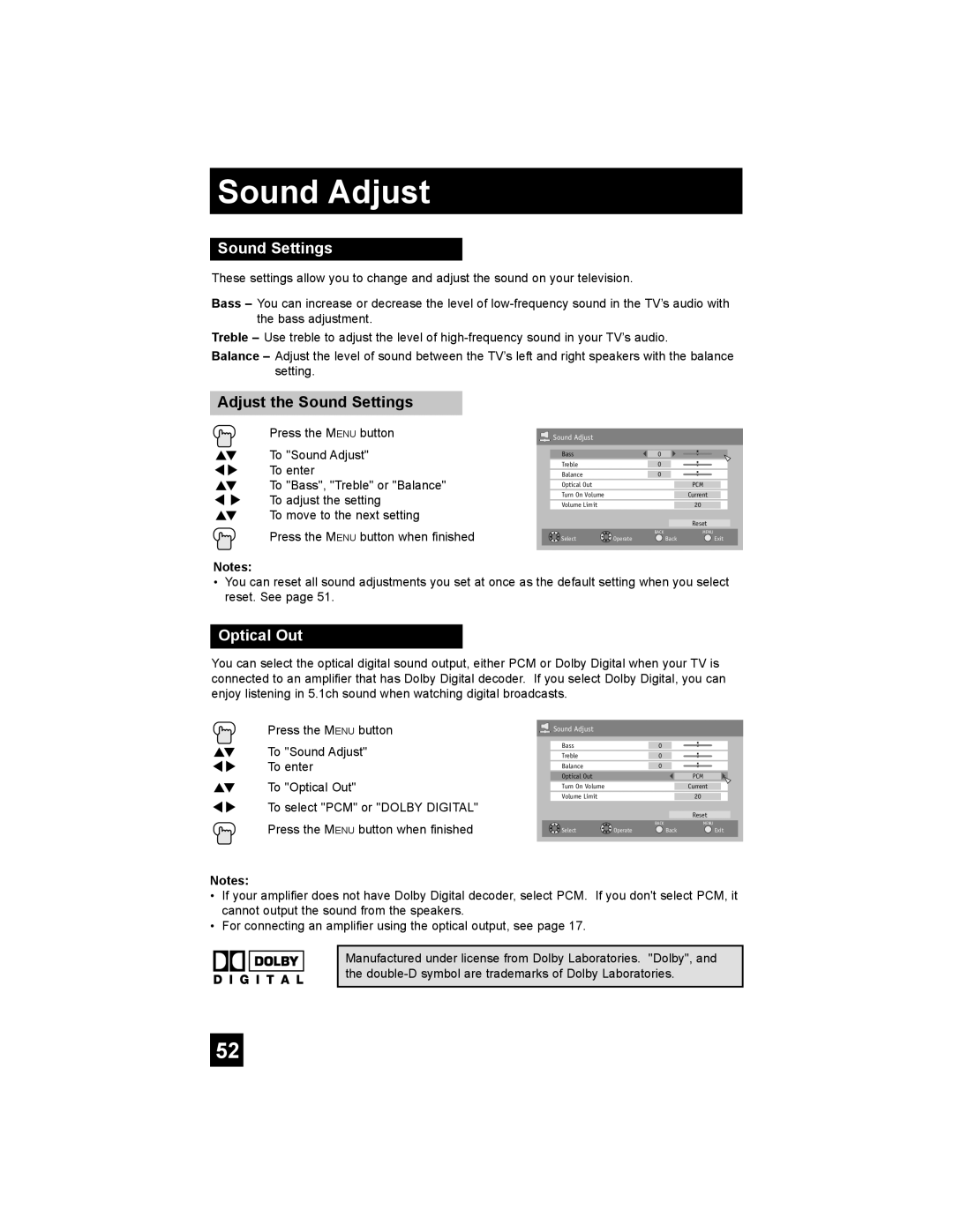 JVC AV-48P787, AV-56P787, AV 48P777, AV 56P777 manual Sound Adjust, Sound Settings, Optical Out 