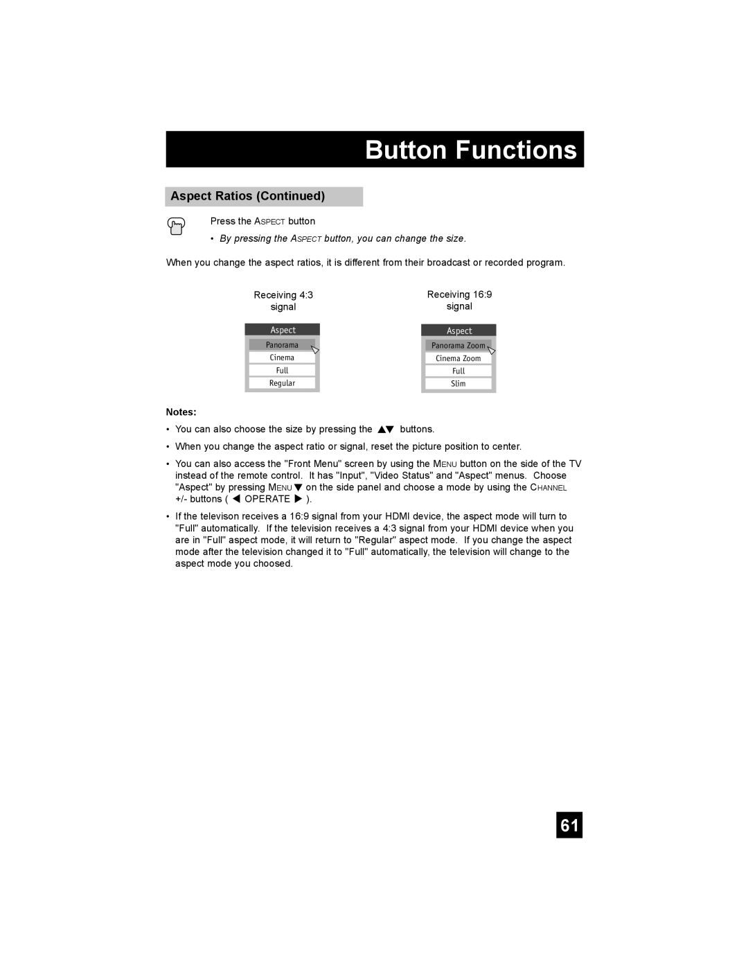 JVC AV-56P787, AV-48P787, AV 48P777, AV 56P777 manual Button Functions, Aspect Ratios Continued 