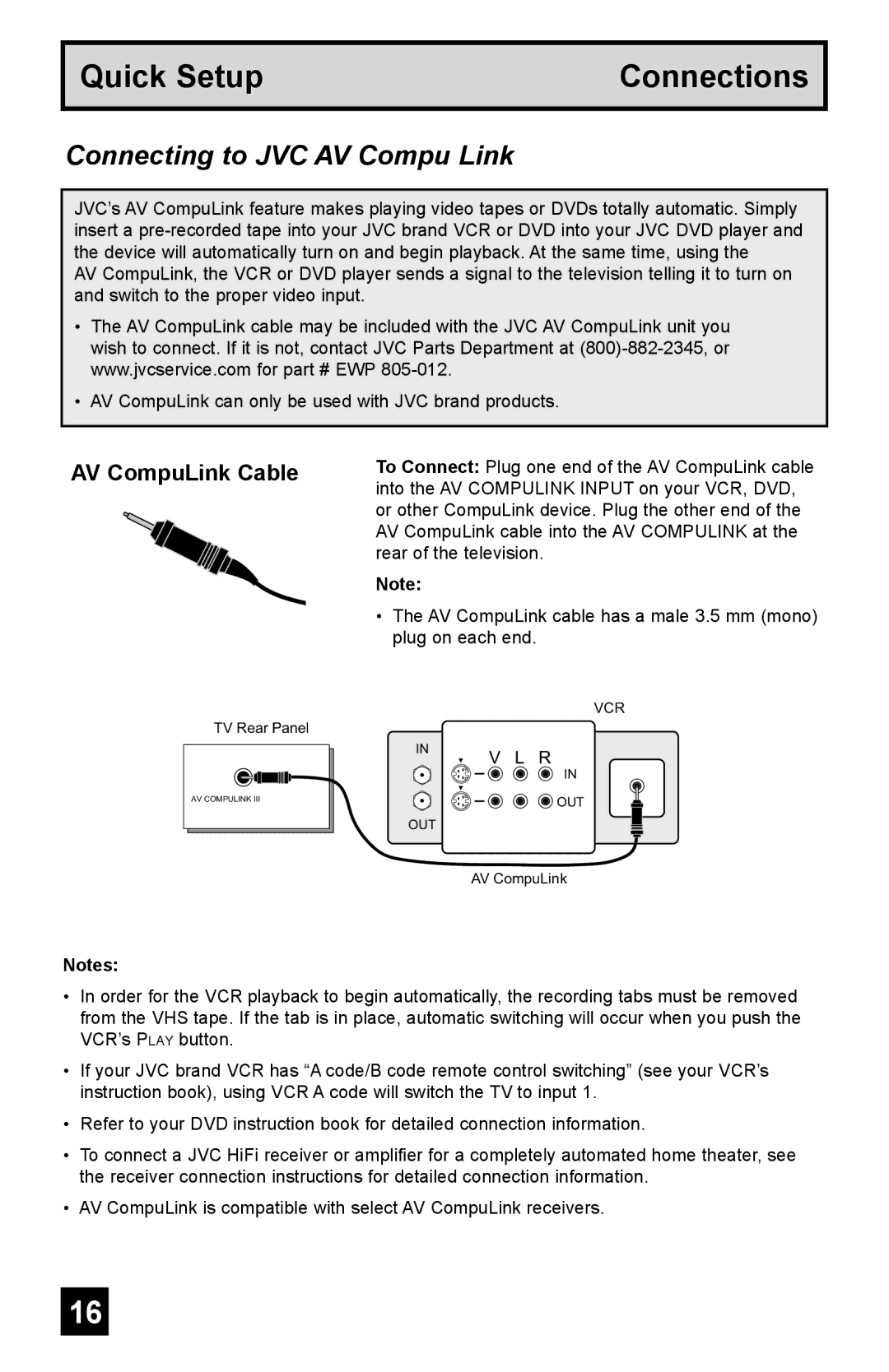 JVC AV-65WP55, AV-48WP55, AV-56WP55 manual Connecting to JVC AV Compu Link, AV CompuLink Cable 