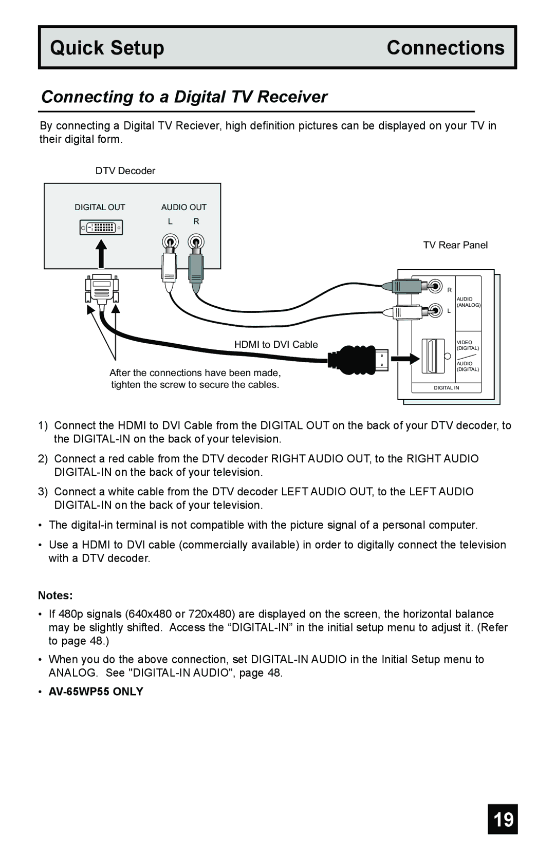 JVC AV-48WP55, AV-56WP55 manual Connecting to a Digital TV Receiver, AV-65WP55 only 