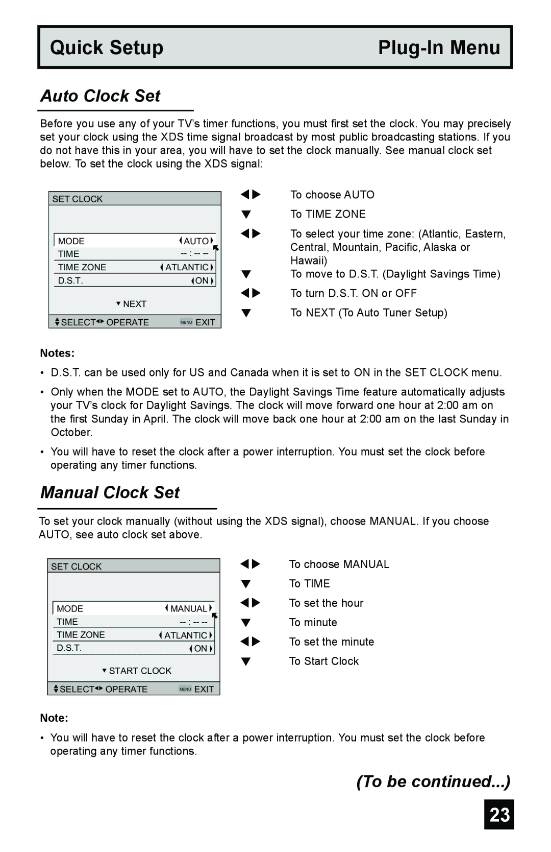 JVC AV-56WP55, AV-48WP55, AV-65WP55 manual Auto Clock Set, Manual Clock Set 