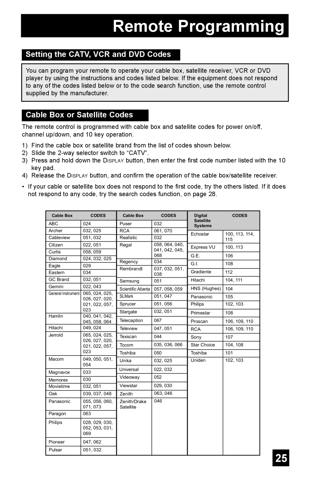 JVC AV-65WP55, AV-48WP55, AV-56WP55 Remote Programming, Setting the CATV, VCR and DVD Codes, Cable Box or Satellite Codes 