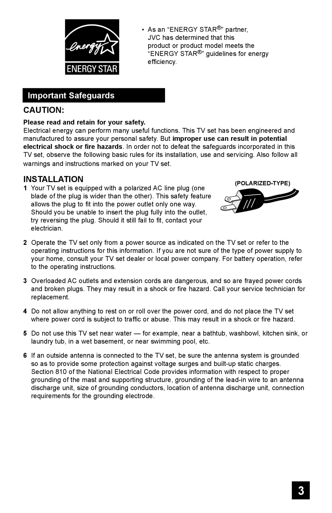 JVC AV-48WP55, AV-65WP55, AV-56WP55 manual Important Safeguards, Please read and retain for your safety 