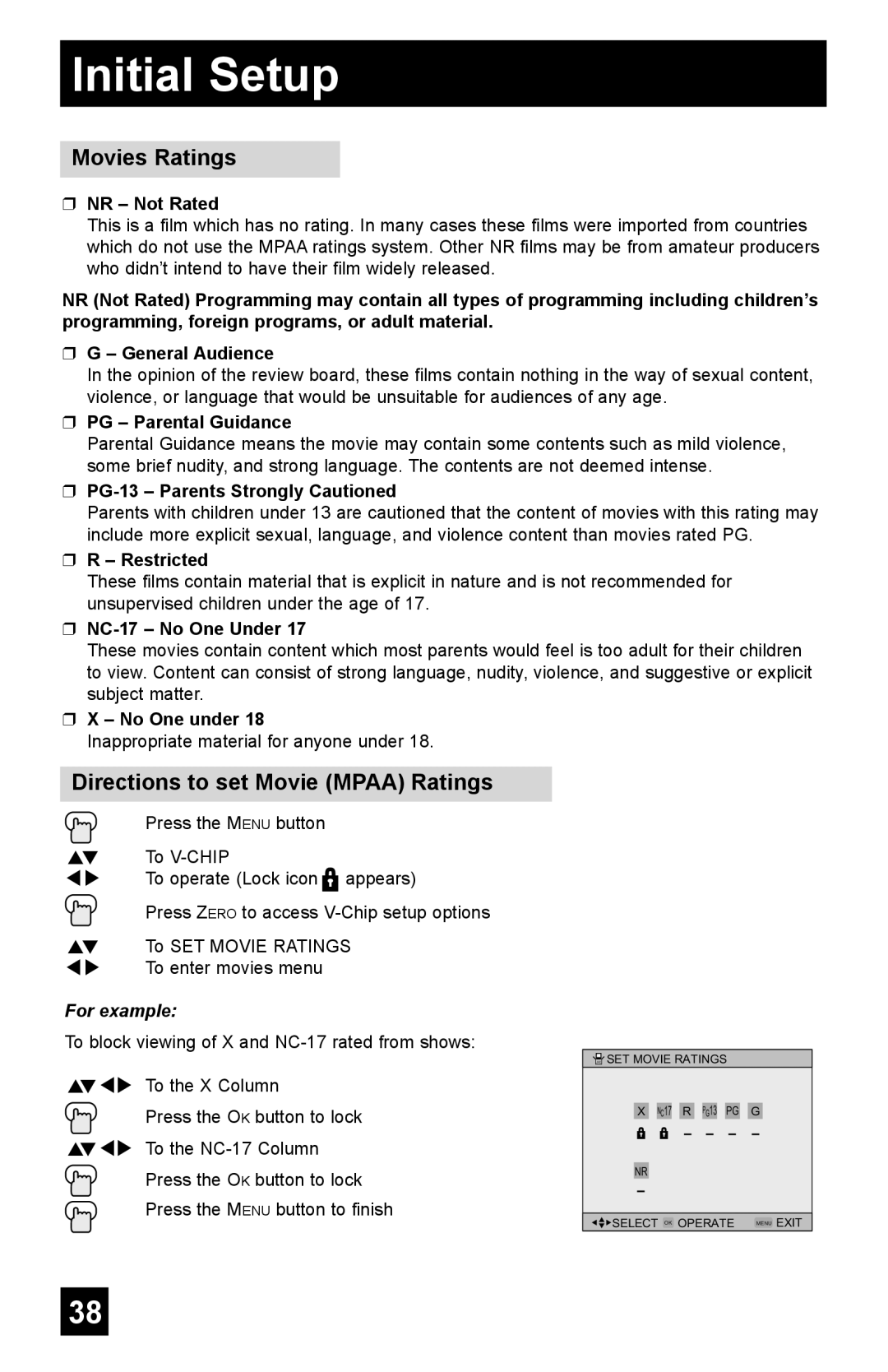 JVC AV-56WP55, AV-48WP55, AV-65WP55 manual Movies Ratings, Directions to set Movie Mpaa Ratings 