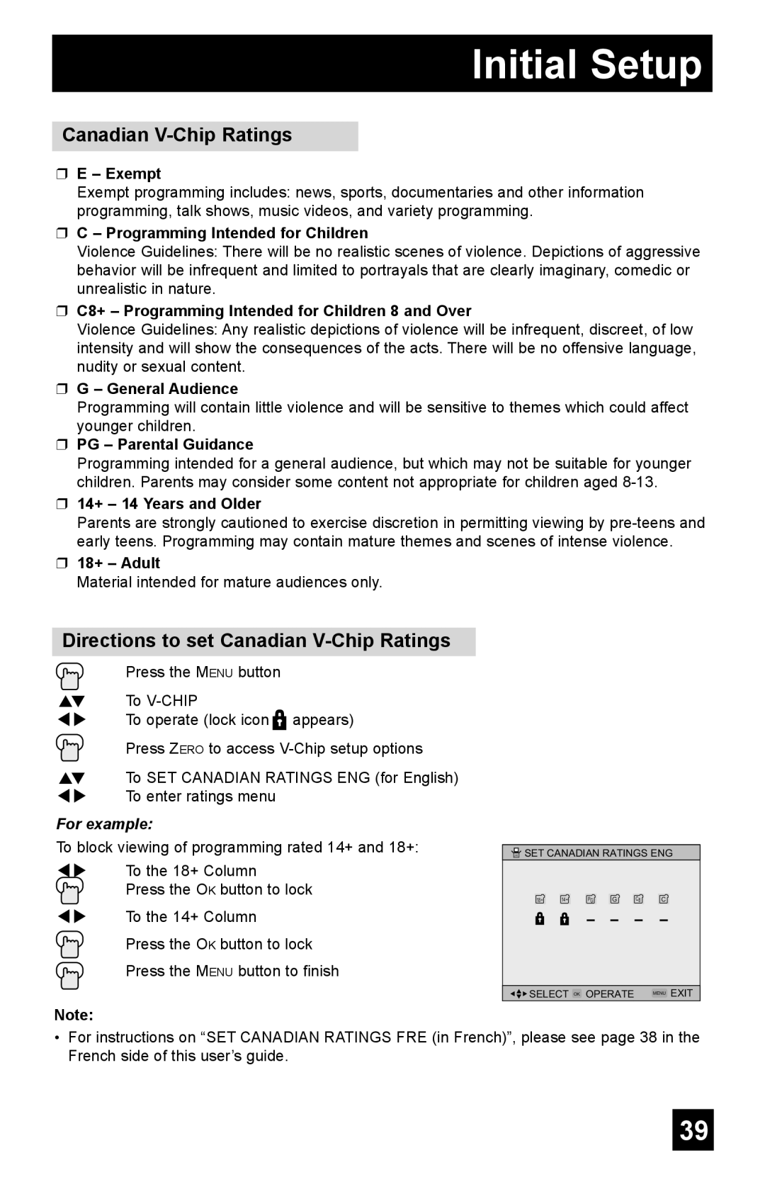 JVC AV-48WP55, AV-65WP55, AV-56WP55 manual Directions to set Canadian V-Chip Ratings 