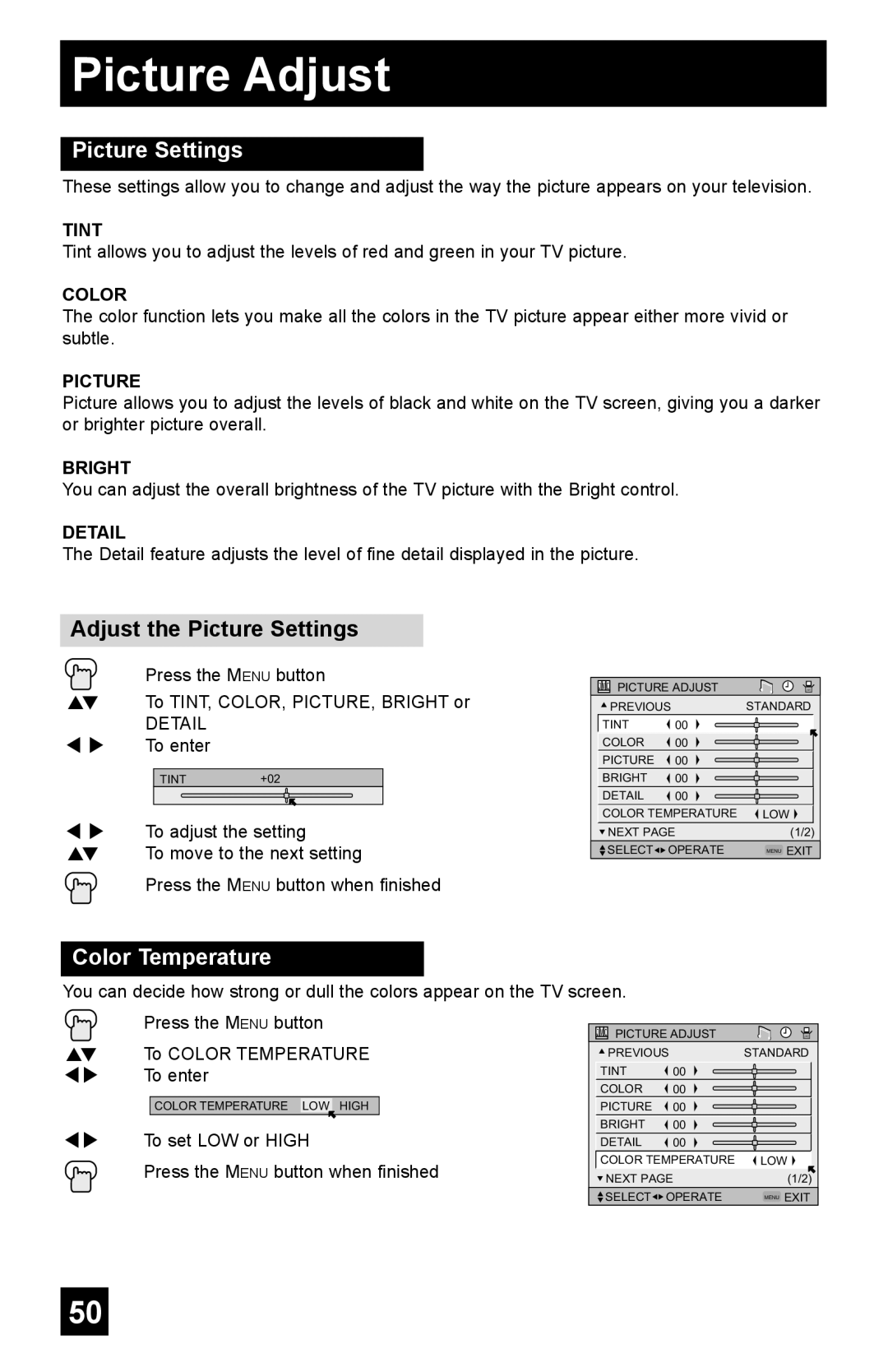 JVC AV-56WP55, AV-48WP55, AV-65WP55 manual Picture Adjust, Adjust the Picture Settings, Color Temperature 