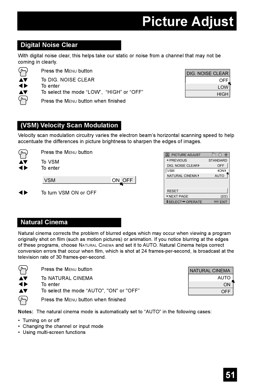 JVC AV-48WP55, AV-65WP55, AV-56WP55 manual Digital Noise Clear, VSM Velocity Scan Modulation, Natural Cinema 