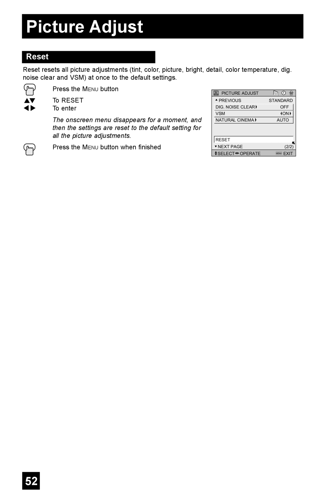 JVC AV-65WP55, AV-48WP55, AV-56WP55 manual Reset 