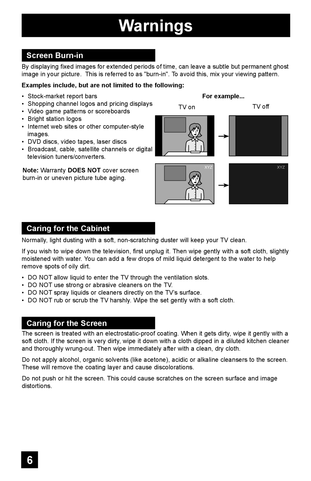 JVC AV-48WP55, AV-65WP55, AV-56WP55 manual Screen Burn-in, Caring for the Cabinet, Caring for the Screen, For example 