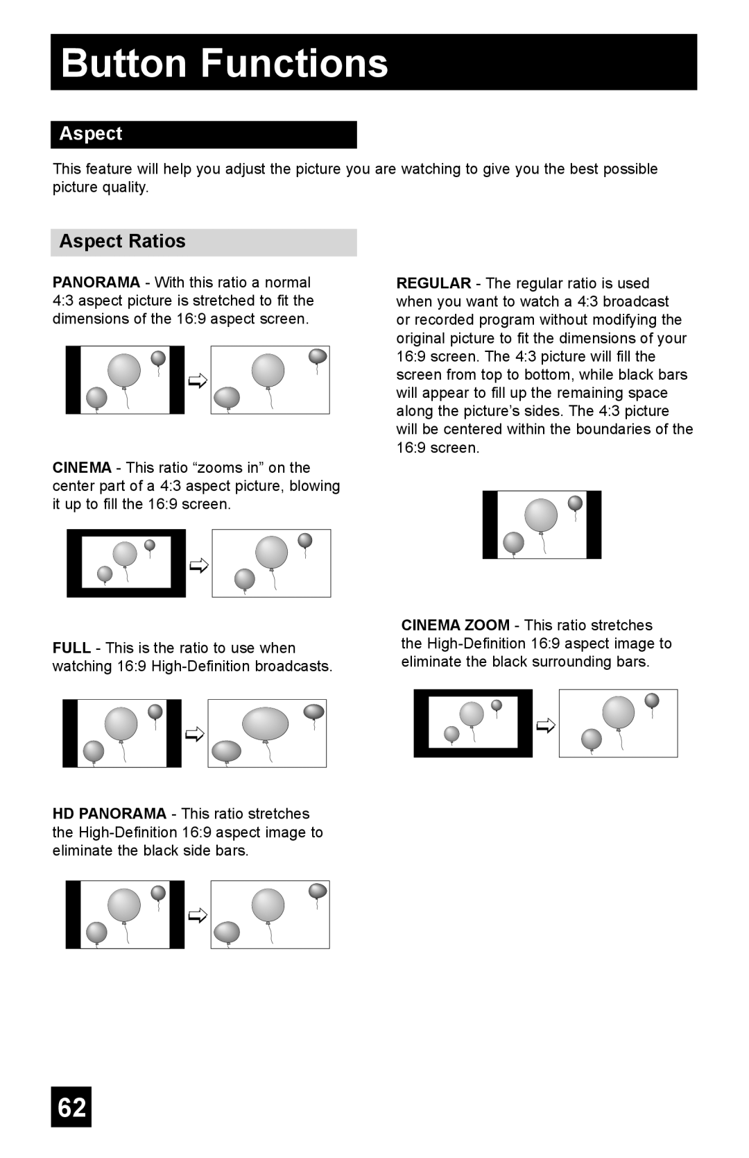 JVC AV-56WP55, AV-48WP55, AV-65WP55 manual Aspect Ratios 