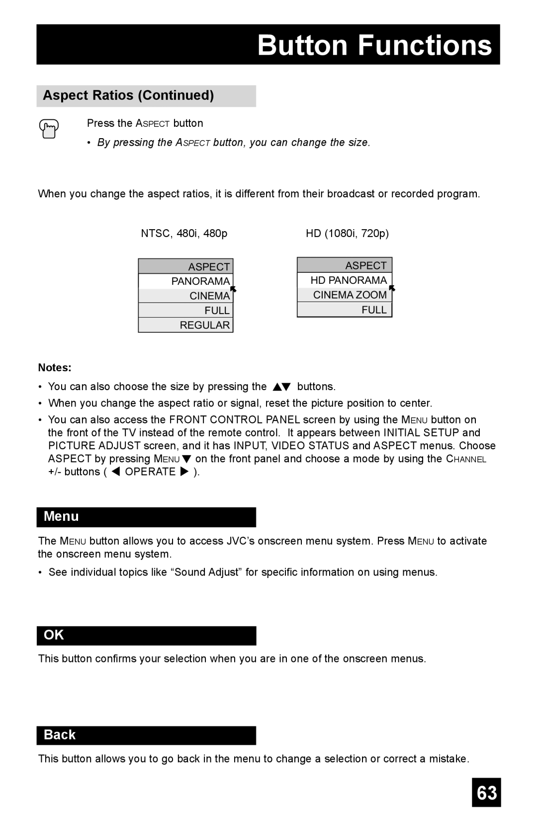 JVC AV-48WP55, AV-65WP55, AV-56WP55 manual Menu, Back 