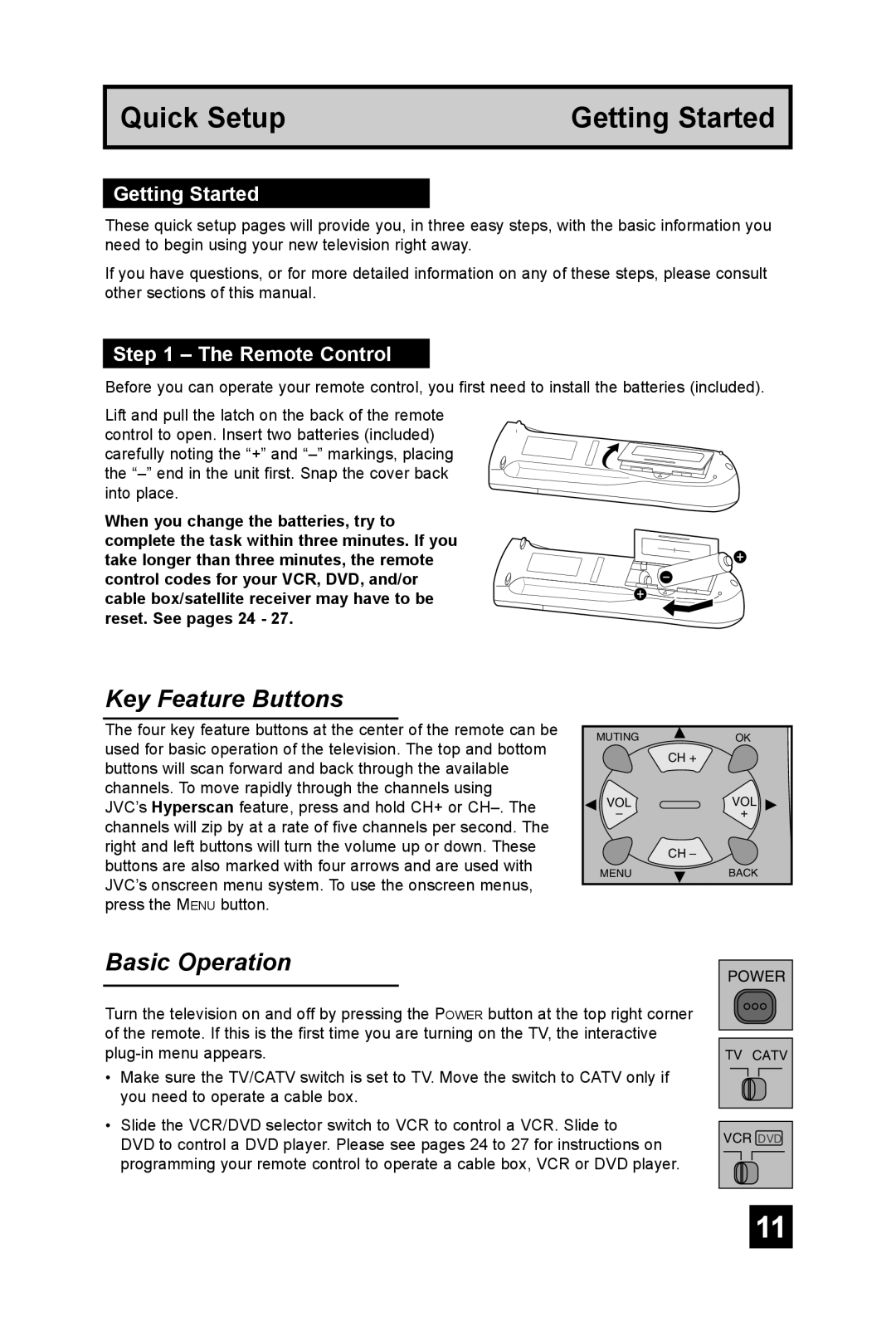 JVC AV-56P585, AV 56P575, AV 48P575 manual Key Feature Buttons, Basic Operation, Getting Started, Remote Control 