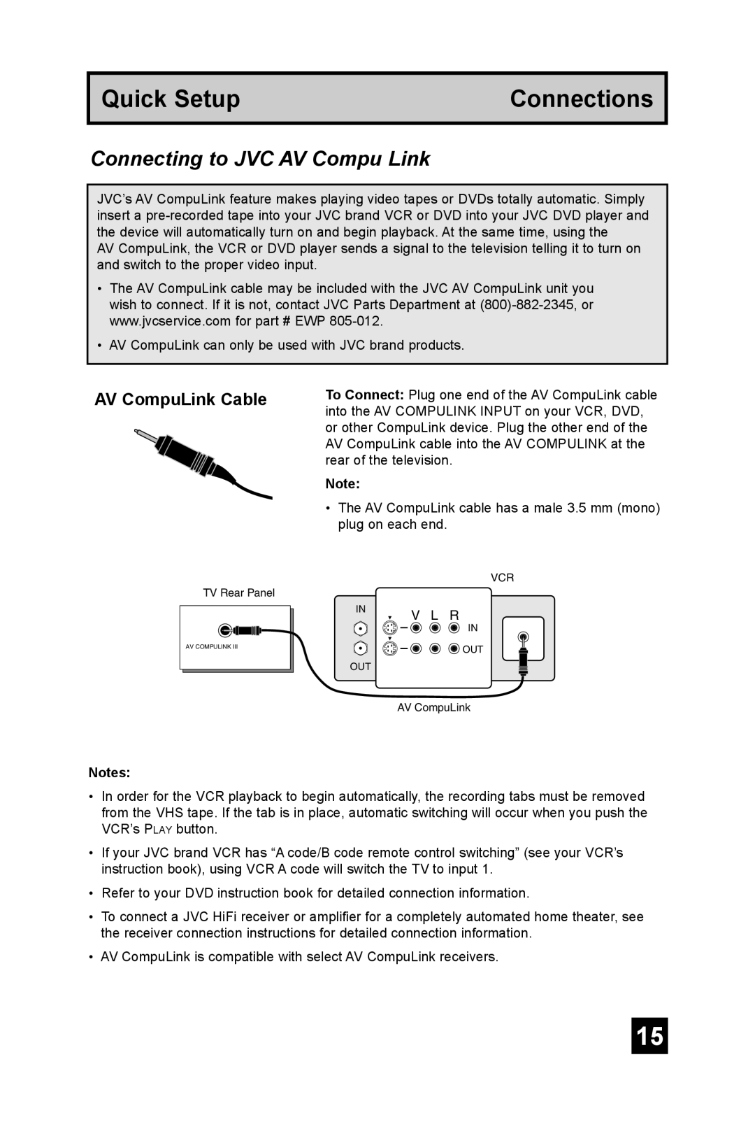 JVC AV 56P575, AV 48P575, AV-56P585 manual Connecting to JVC AV Compu Link, AV CompuLink Cable 