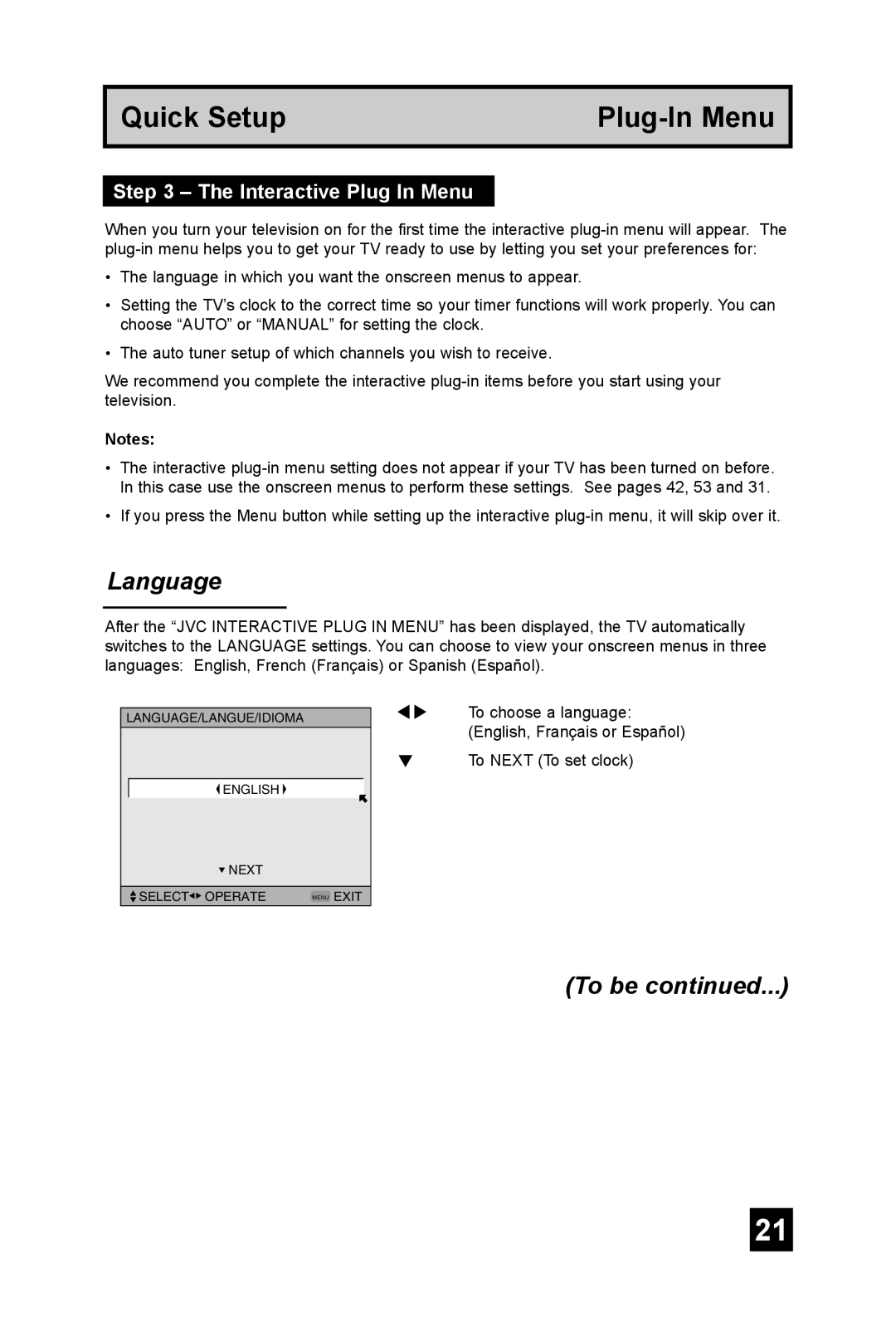 JVC AV 56P575, AV 48P575, AV-56P585 manual Language, To be, Interactive Plug In Menu 